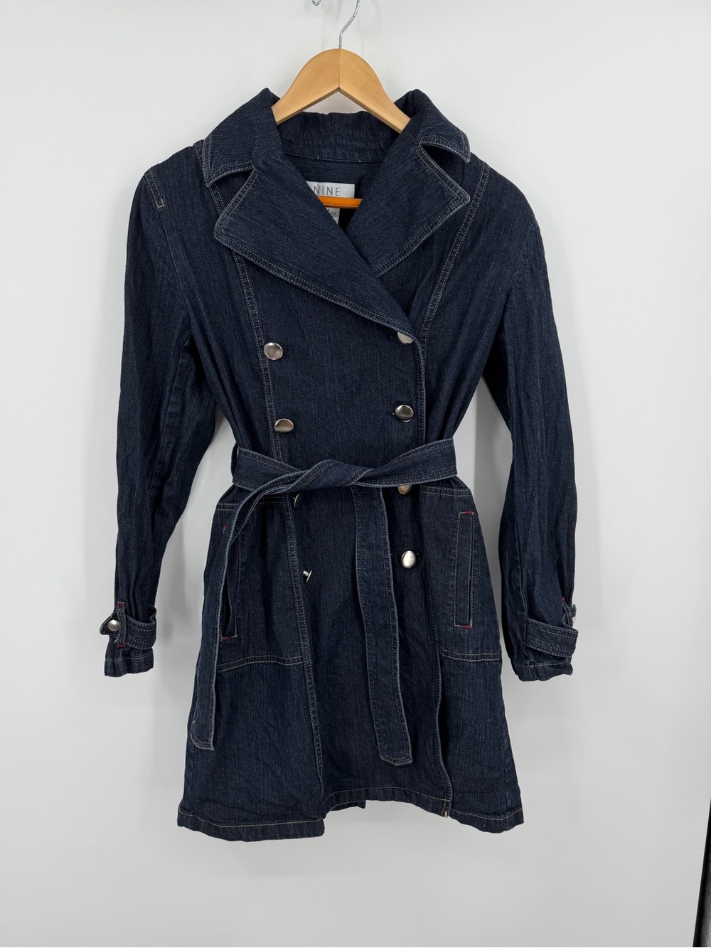 Nine & Company Y2K Denim Trench Coat Size 4 Belted Double Breasted